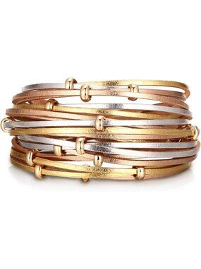 Women Gold Circle Leopard Multi Layer Crystal Beads Cuff Leather Wrap Bracelets